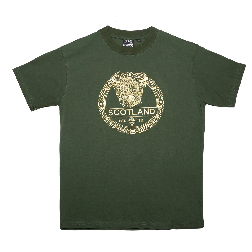 Adults Celtic Cow T-Shirts - Asparagus Green Travel Outfitters