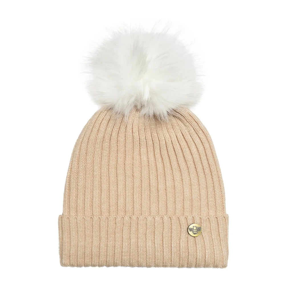 House of Celtic Bee Ribbed Knit Hat - Beige Travel Outfitters