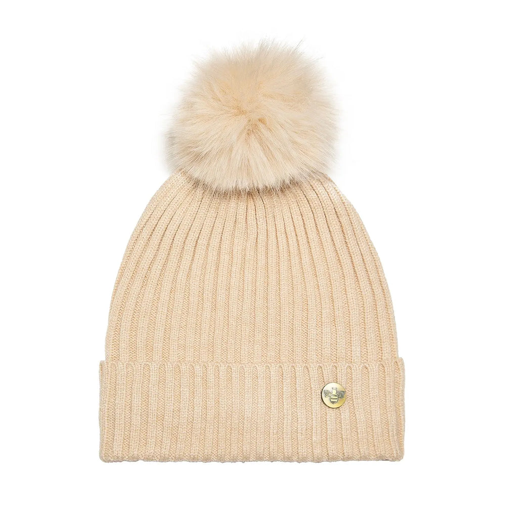 House of Celtic Bee Ribbed Knit Hat - Beige Travel Outfitters
