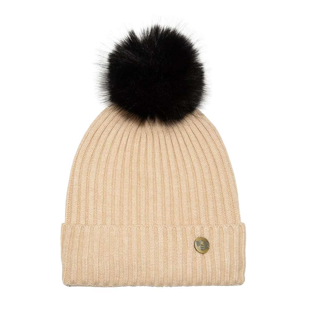 House of Celtic Bee Ribbed Knit Hat - Beige Travel Outfitters