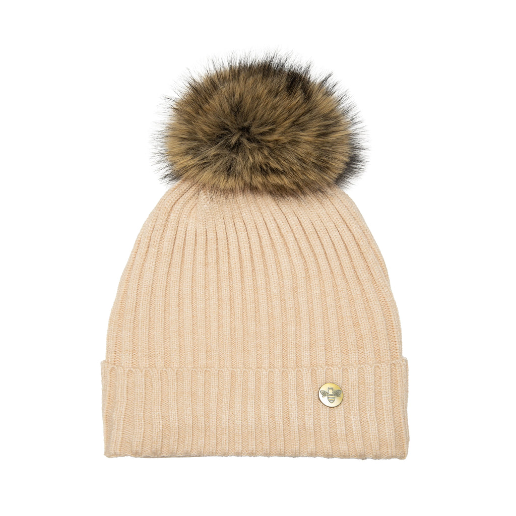 House of Celtic Bee Ribbed Knit Hat - Beige Travel Outfitters
