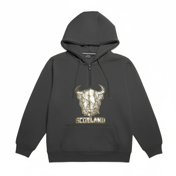 1/4 Zip Gold Foil Highland Cow Hoodie - Charcoal Travel Outfitters