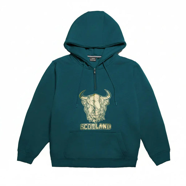 1/4 Zip Gold Foil Highland Cow Hoodie - Teal Travel Outfitters