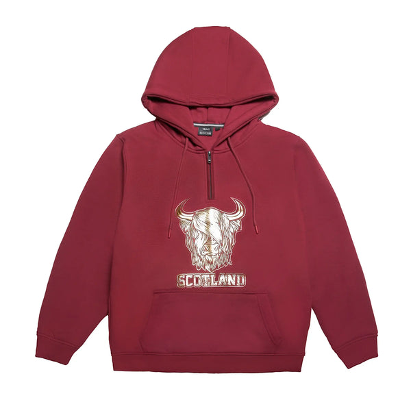 1/4 Zip Gold Foil Highland Cow Hoodie - Wine Travel Outfitters