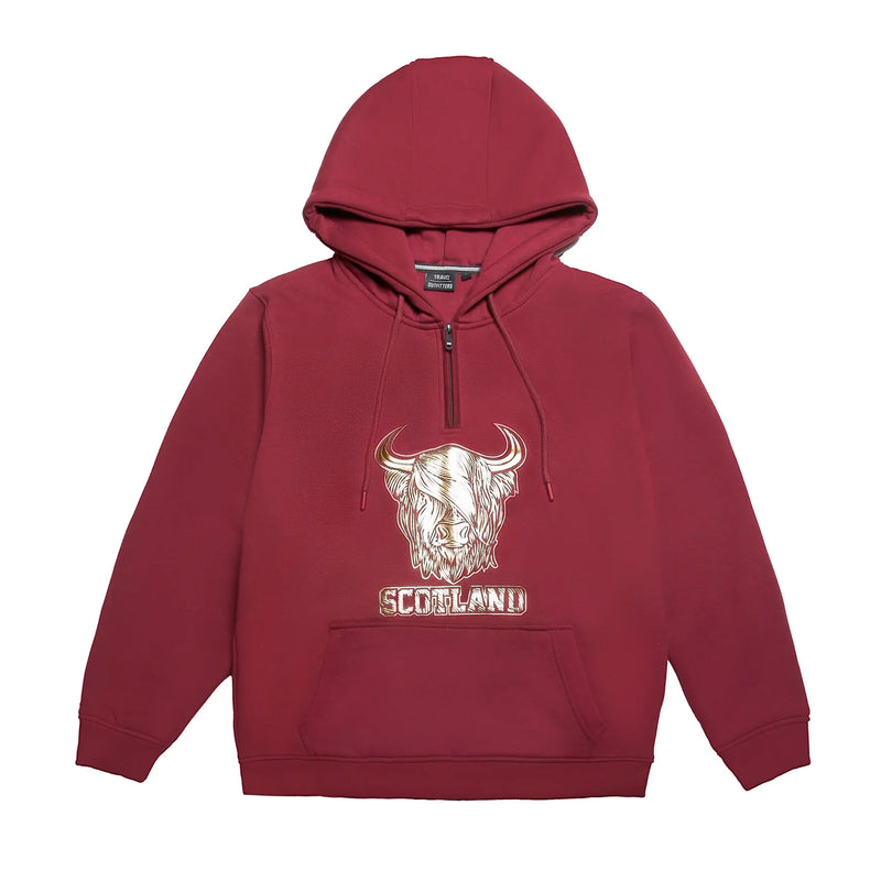 1/4 Zip Gold Foil Highland Cow Hoodie - Wine Travel Outfitters