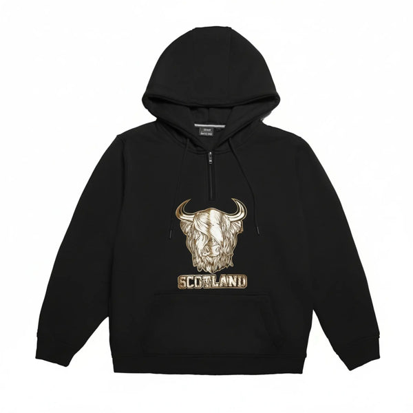 1/4 Zip Gold Foil Highland Cow Hoodie - Black Travel Outfitters