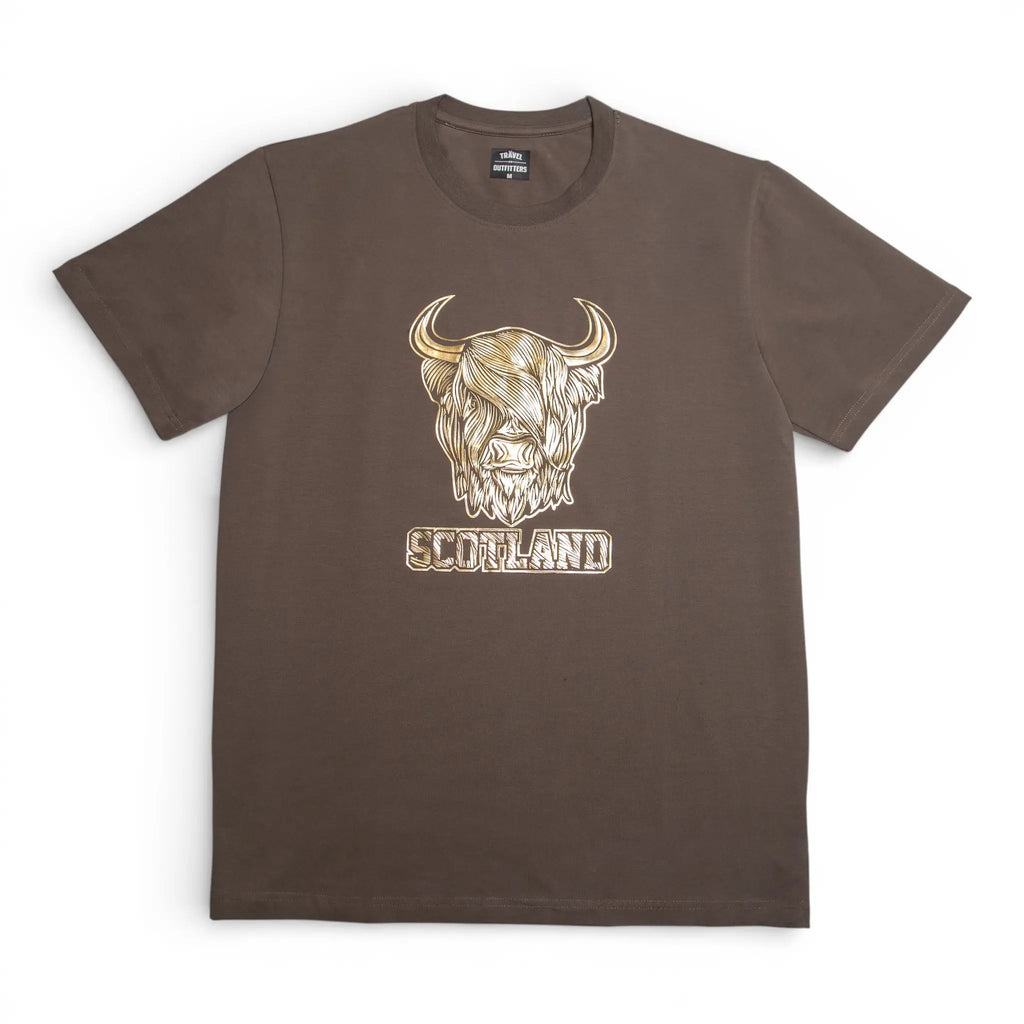 Gold Foil Highland Cow T-Shirt - Brown Travel Outfitters