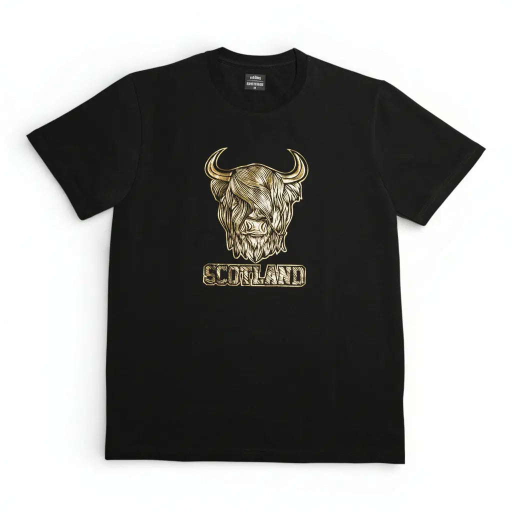 Gold Foil Highland Cow T-Shirt - Black Travel Outfitters