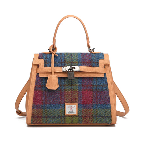 Harris Tweed Lowland Handbag Purple Green/Tan Brown