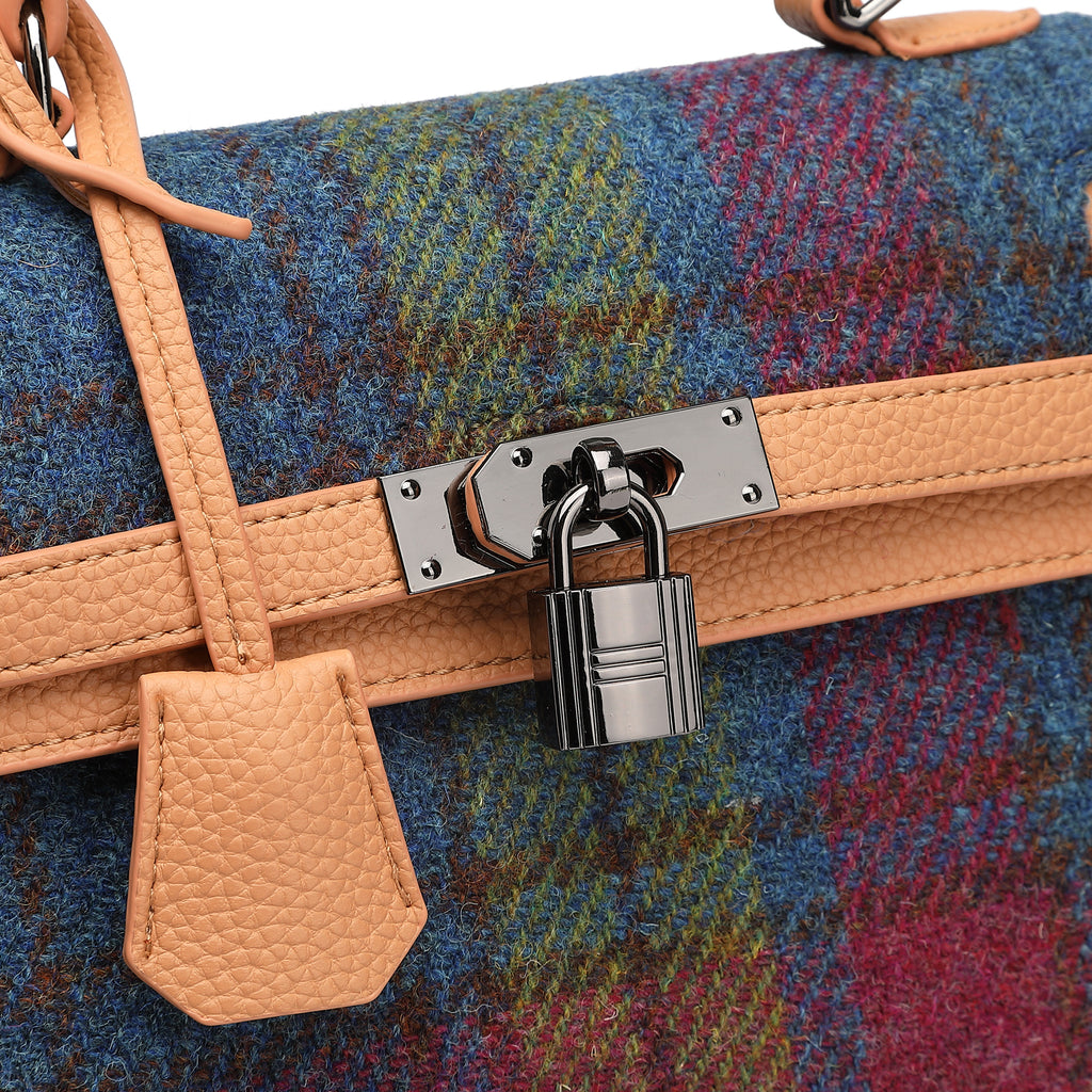 Harris Tweed Lowland Handbag Purple Green/Tan Brown