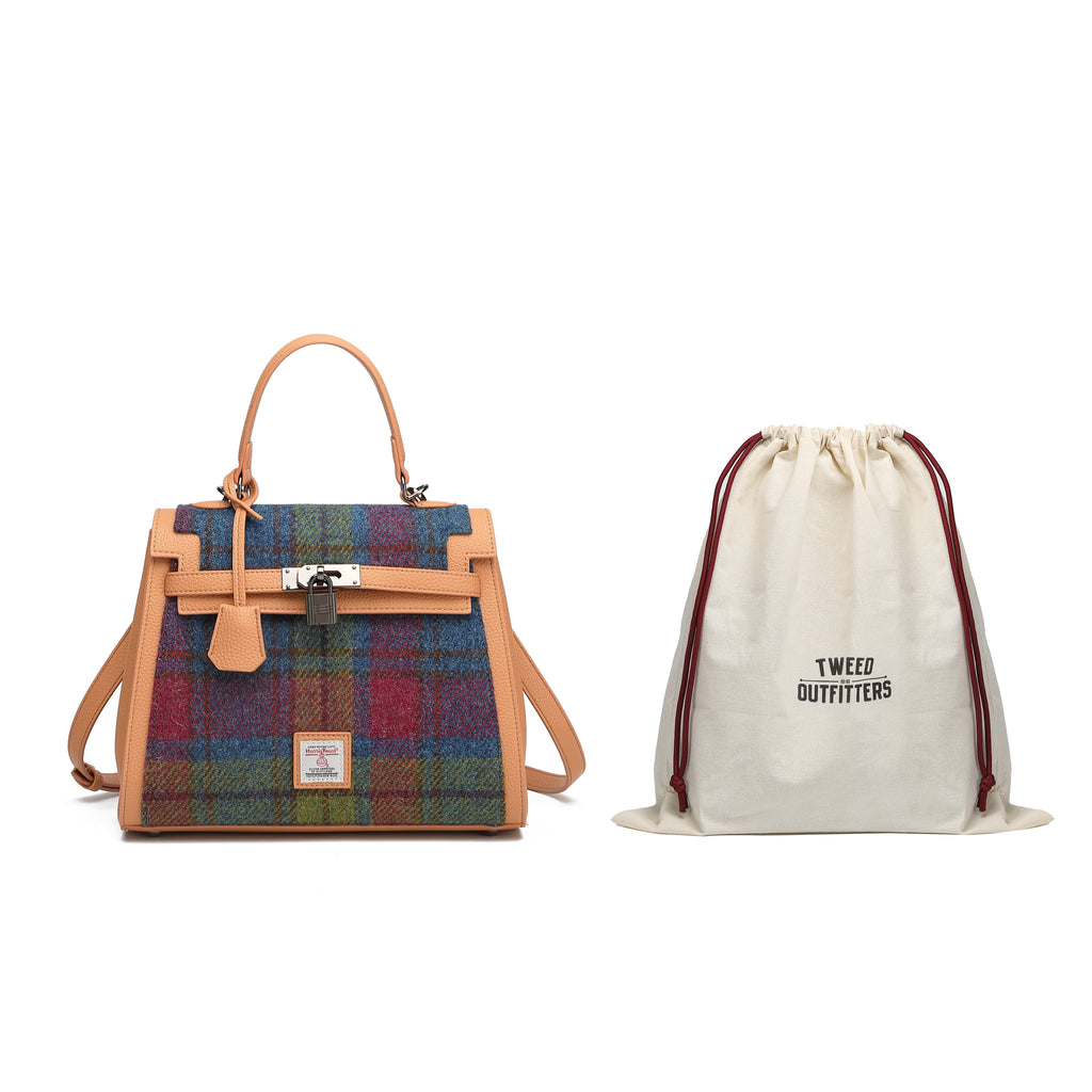 Harris Tweed Lowland Handbag Purple Green/Tan Brown