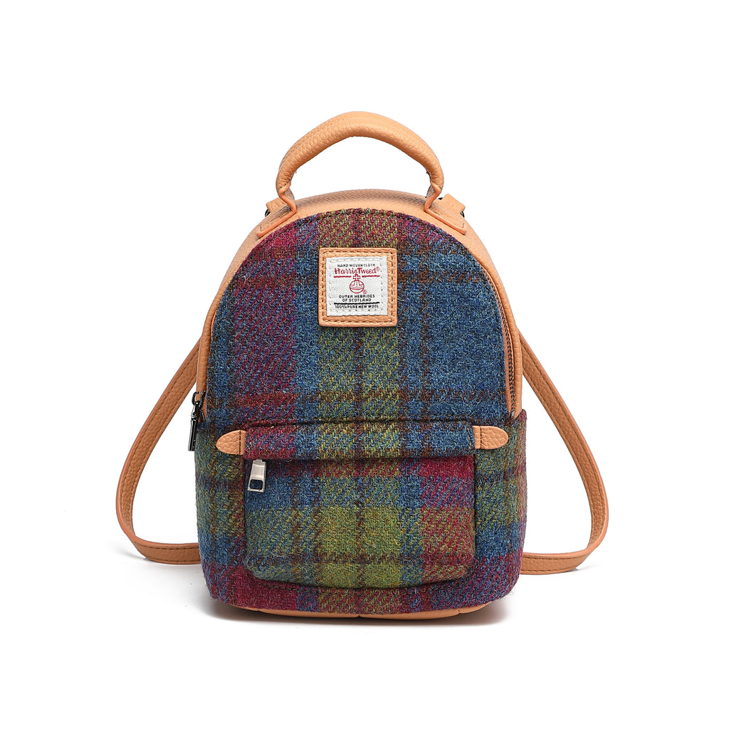 Harris Tweed Mini Backpack Purple Green/Tan Brown