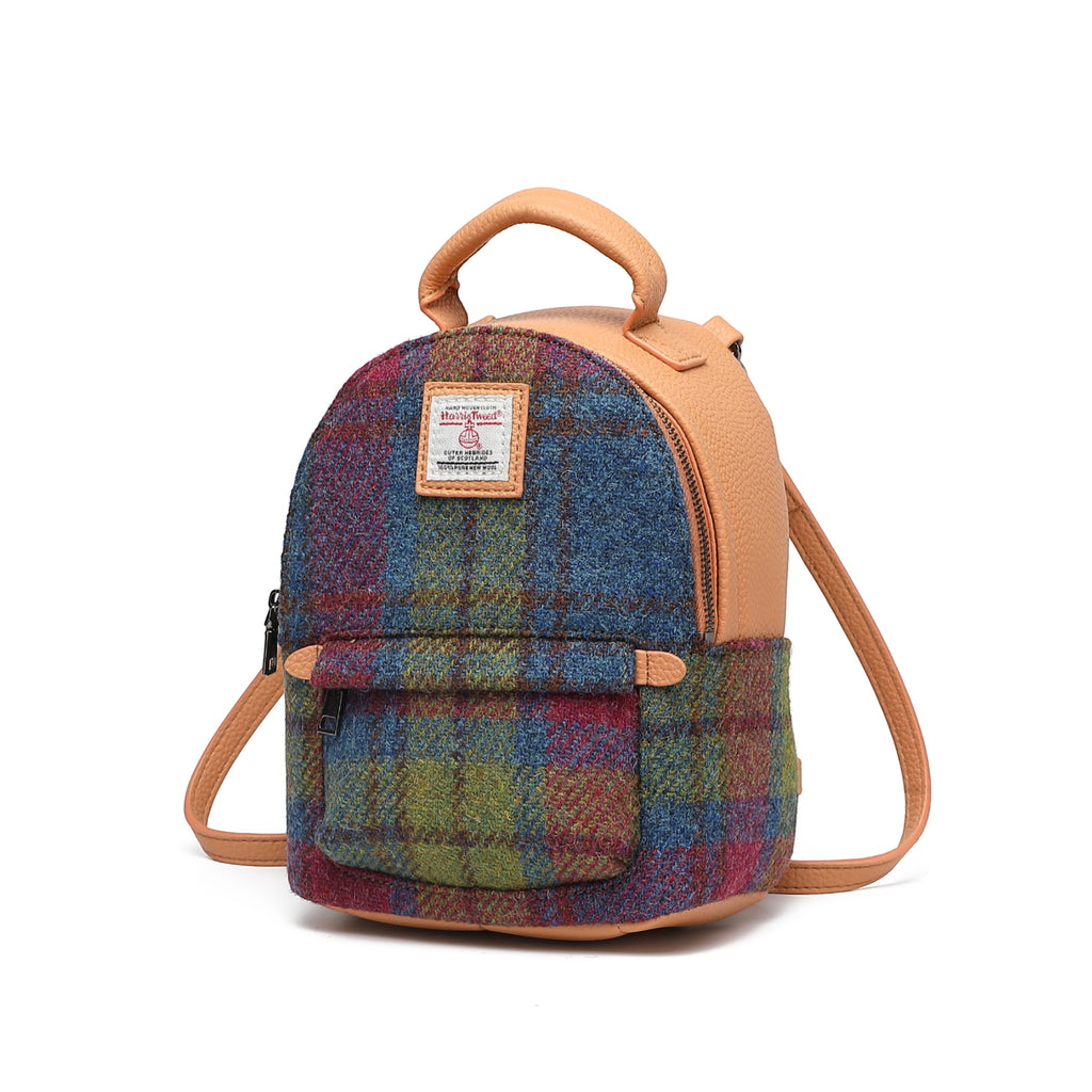 Harris Tweed Mini Backpack Purple Green/Tan Brown