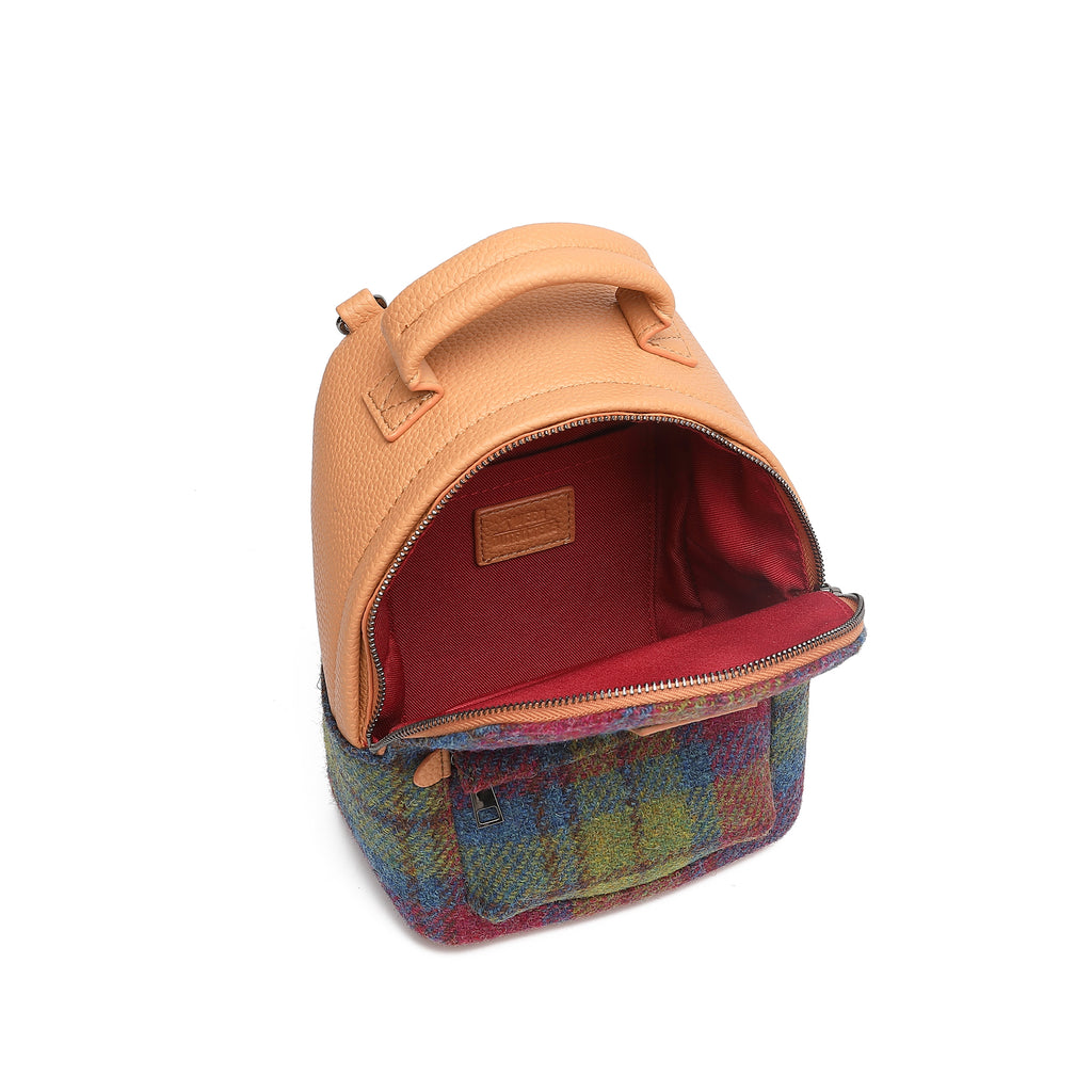 Harris Tweed Mini Backpack Purple Green/Tan Brown