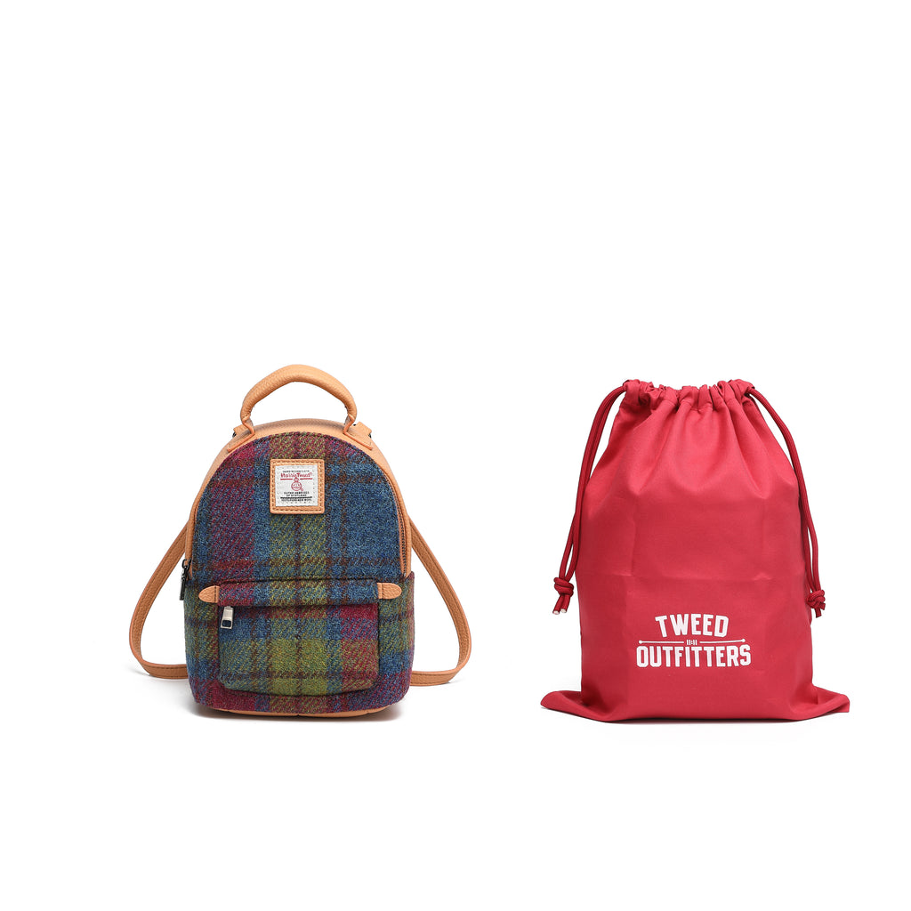Harris Tweed Mini Backpack Purple Green/Tan Brown