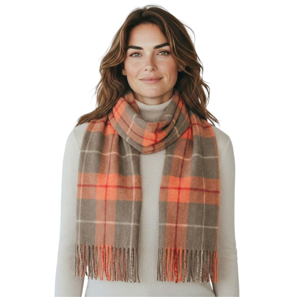 100% Lambswool Scarf Heivon Tattersall Warm Taupe/Coral