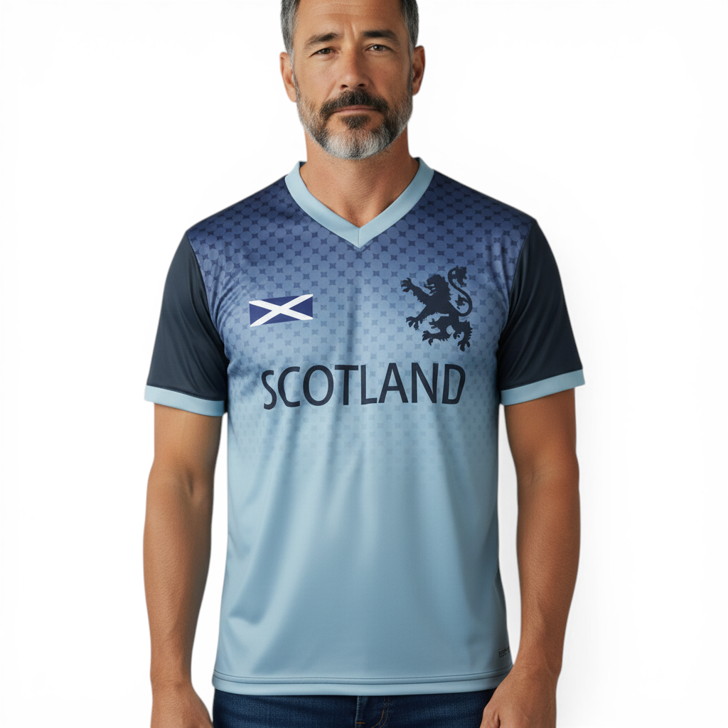 Travel Outfitters Men's Godfrey Football T-Shirt in blue with Scotland flag and lion graphic. V-neck, short sleeves.
