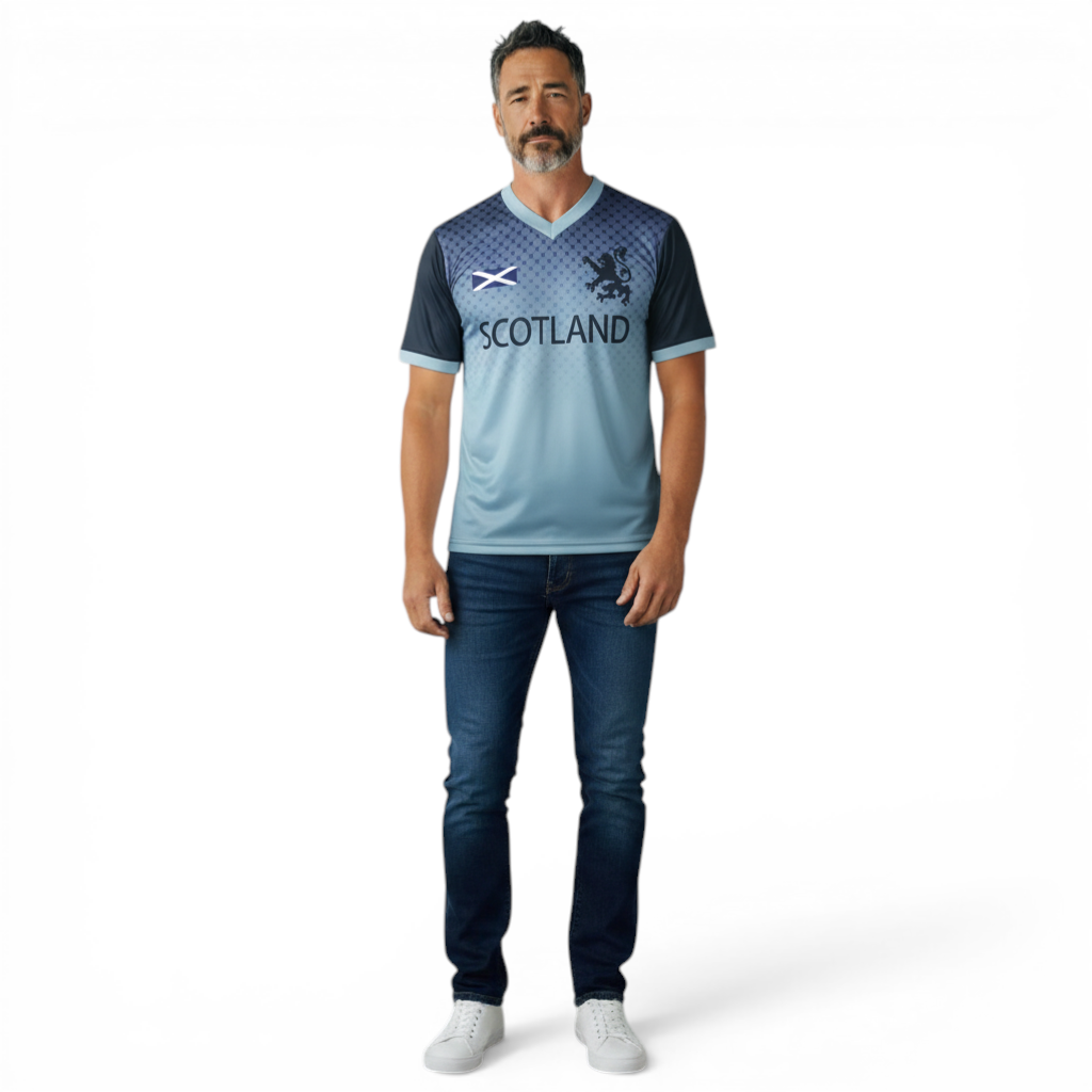 Travel Outfitters Men's Godfrey Football T-Shirt in blue with Scotland flag and lion graphic. V-neck, short sleeves.