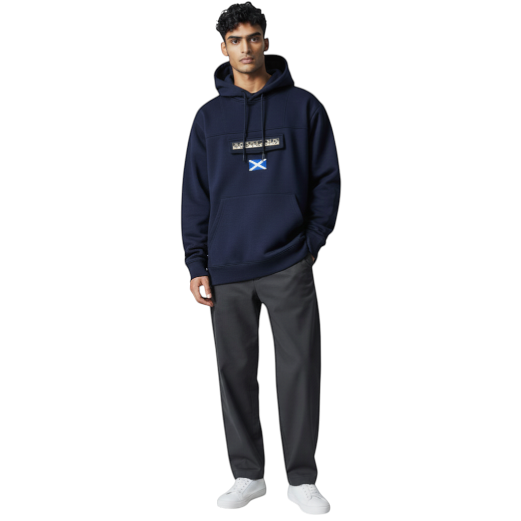 Travel Outfitters navy blue cotton hoodie with flat pocket and Scotland flag detail.