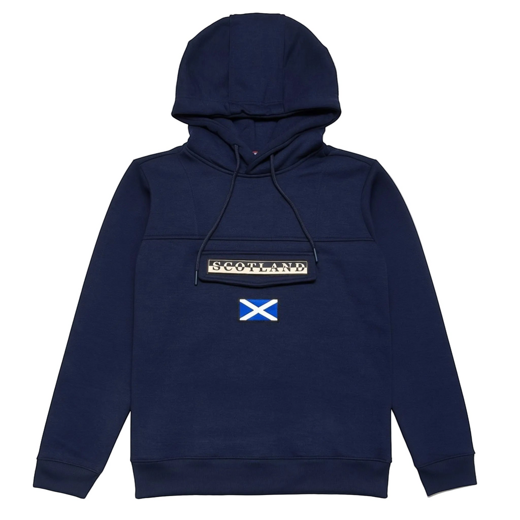 Travel Outfitters navy blue cotton blend hoodie with a flat pocket, "SCOTLAND" text, and the Scottish flag.