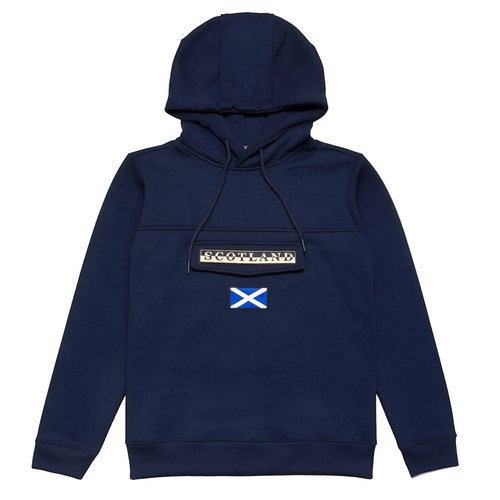 Travel Outfitters navy blue cotton blend hoodie with a flat pocket, "SCOTLAND" text, and the Scottish flag.